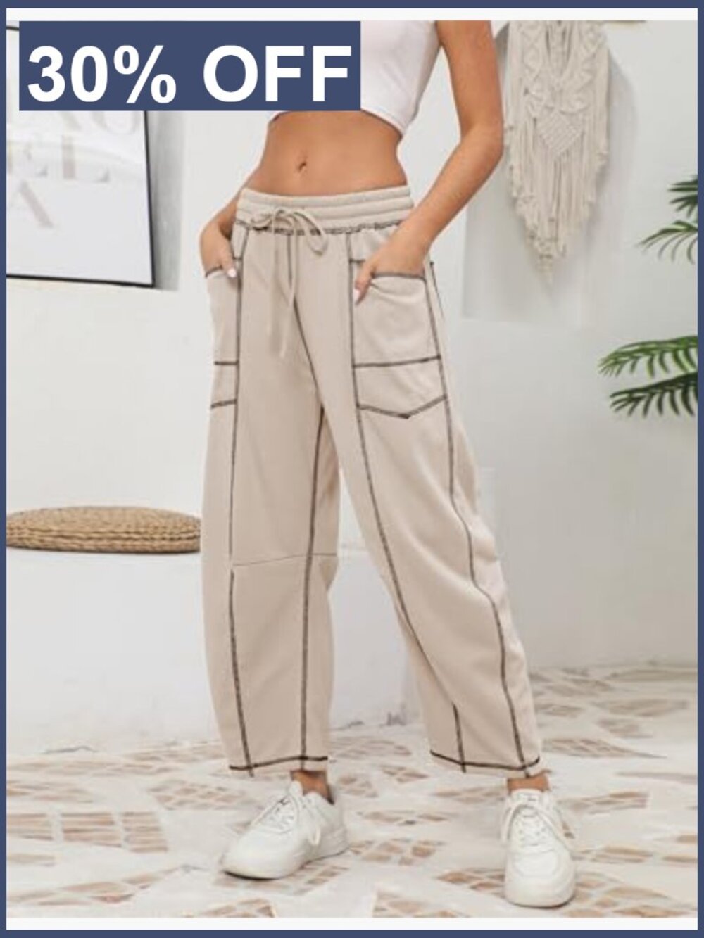Baggy Barrel Pants Wide Leg Lounge Drawstring Sweatpants with Pockets - Picture 2 of 7
